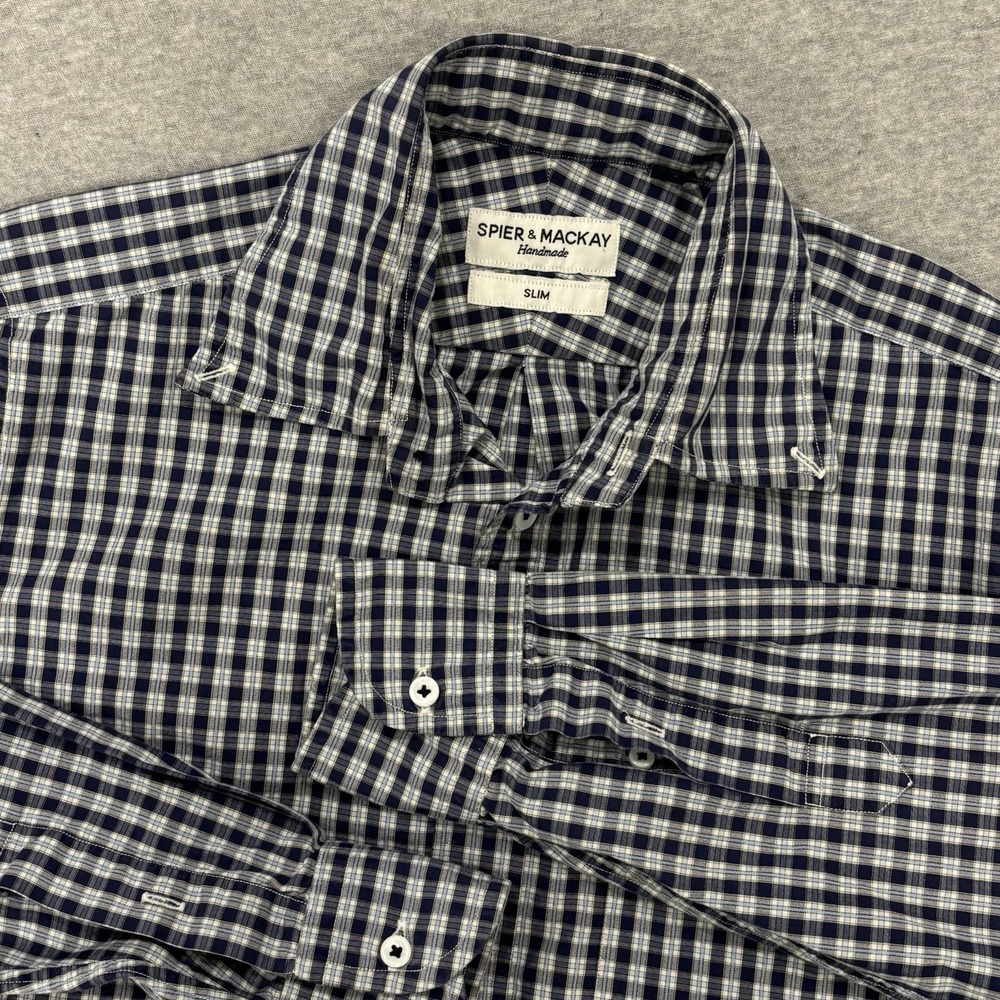 Spier & Mackay Slim Fit Button Down Shirt Mens 14.5 Gingham Plaid Long Sleeve